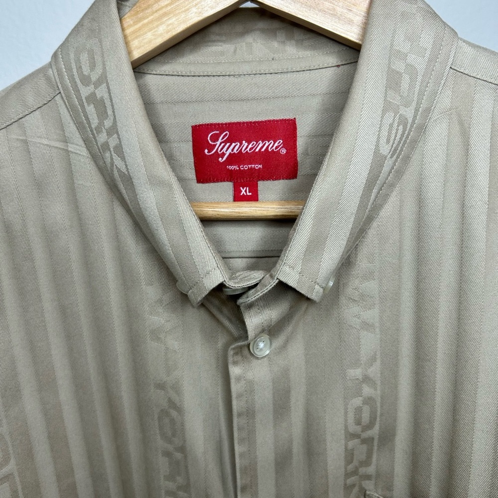 Supreme Jacquard Stripe Button-Up Shirt Tan Khaki XL Logo Pocket - Picture 2 of 5
